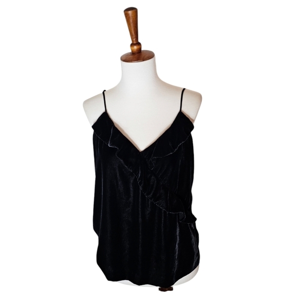 J. Crew Black Velvet V Neck Ruffle Tank Top 4 Preowned - Picture 2 of 9